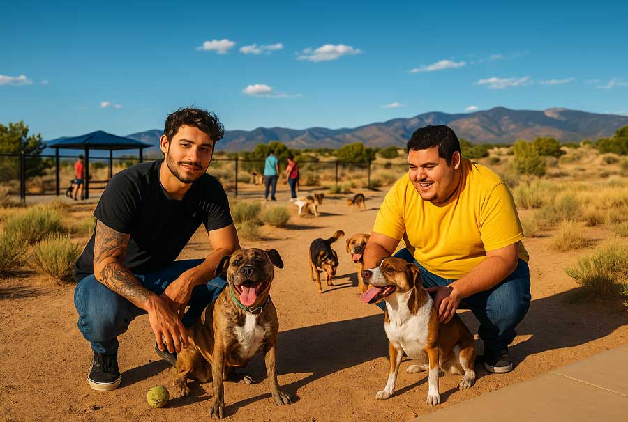 Two young Hispanic men volunteering at a New Mexico animal shelter dog park, wearing casual jeans and T-shirts, interacting with dogs under a vivid blue sky. The warm desert landscape features golden light, shrub grass, and foothills in the distance, with other people and dogs in the background.