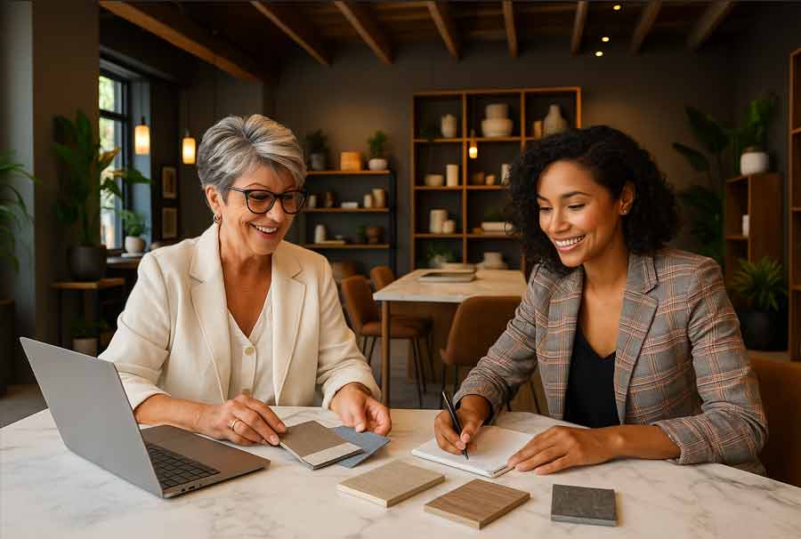 Two women sit across from each other at a marble work table in a modern showroom, reviewing material samples and taking notes during a collaborative training session.