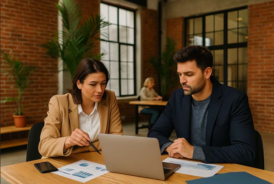 Two New Mexico business professionals reviewing valuation data in a warm, sunlit office, discussing how market value compares to owner expectations.