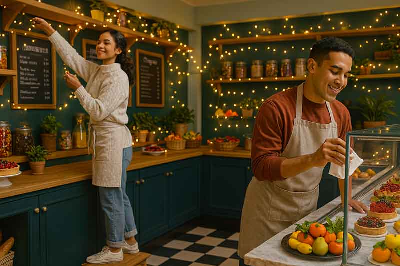 A new business owner hangs up lights and make other cosmetic improvements to a charming, vintage bakery.