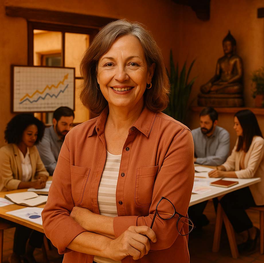 Confident middle-aged businesswoman standing in a warm, Santa Fe-style office with adobe walls and wooden beams, smiling with glasses in hand while her diverse team collaborates around a table in the background beside a Buddha statue and growth chart