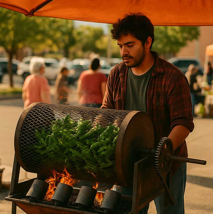Green chile peppers roasting in a drum at a Santa Fe market, representing New Mexico culture and small business spirit.
