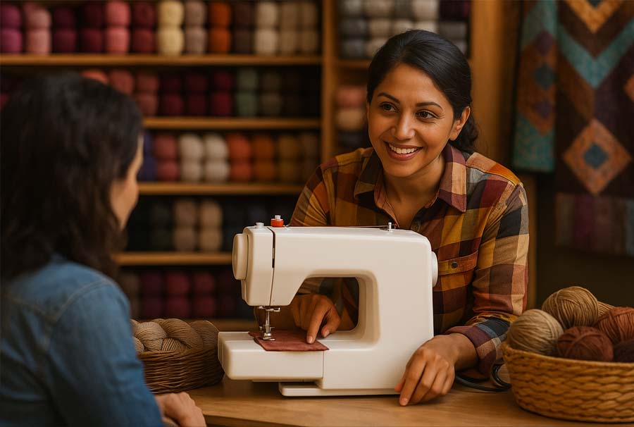 New Mexico business owner talking with a customer in a sewing and quilting shop — small business planning for the next chapter.