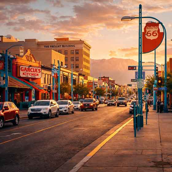 Busy Albuquerque street at sunset with Route 66 sign, local storefronts, and Sandia Mountains in the background.