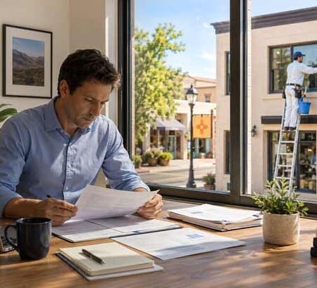 A businessman sits at a desk reviewing records in a bright office overlooking a downtown street. Across the street, a window cleaner stands on a ladder washing second-story windows of a neighboring building.
