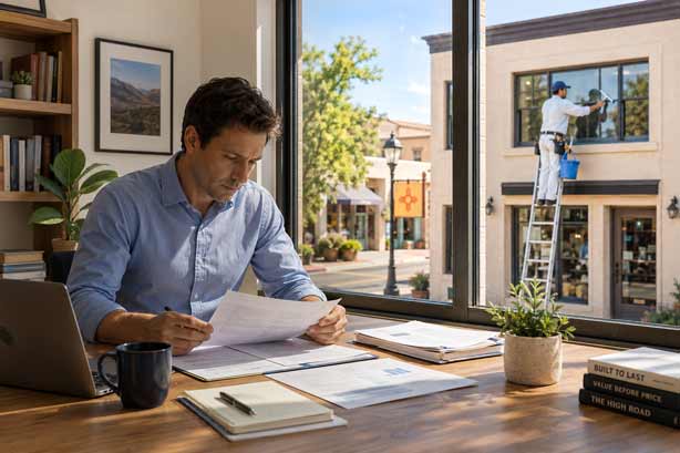 A businessman sits at a desk reviewing records in a bright office overlooking a downtown street. Across the street, a window cleaner stands on a ladder washing second-story windows of a neighboring building.