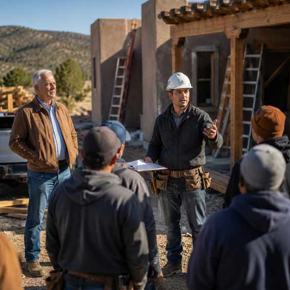 An older man in a brown jacket stands beside a younger man in a hard hat and tool belt, who is addressing a small crew at a New Mexico construction site.