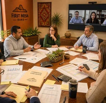Conference room at bank where a group of professionals review a small business loan, seated around a table covered with tax returns, financial statements, and notes, while others join via video call, reflecting a collaborative credit committee discussion.