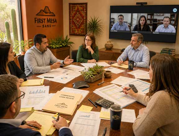 Conference room at bank where a group of professionals review a small business loan, seated around a table covered with tax returns, financial statements, and notes, while others join via video call, reflecting a collaborative credit committee discussion.